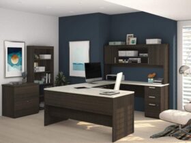 desk with file cabinet and hutch
