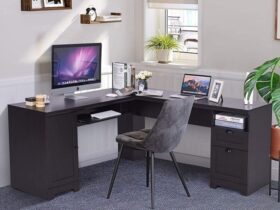 black desk with file cabinet