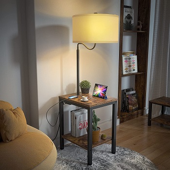 LityMax LED Floor Lamp with Table - Rustic End Table with USB