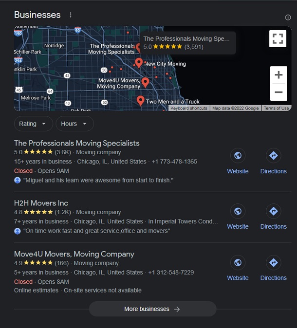 Google Business Listing for Moving Company Chicago